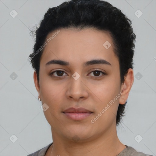 Neutral latino young-adult female with short  black hair and brown eyes