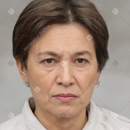 Joyful white adult female with short  brown hair and brown eyes