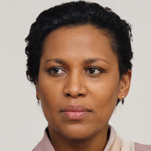 Neutral black young-adult female with short  brown hair and brown eyes