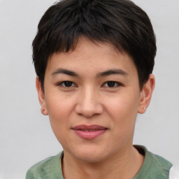 Joyful asian young-adult female with short  brown hair and brown eyes