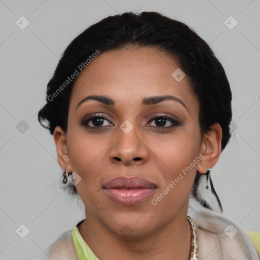 Joyful latino young-adult female with short  black hair and brown eyes