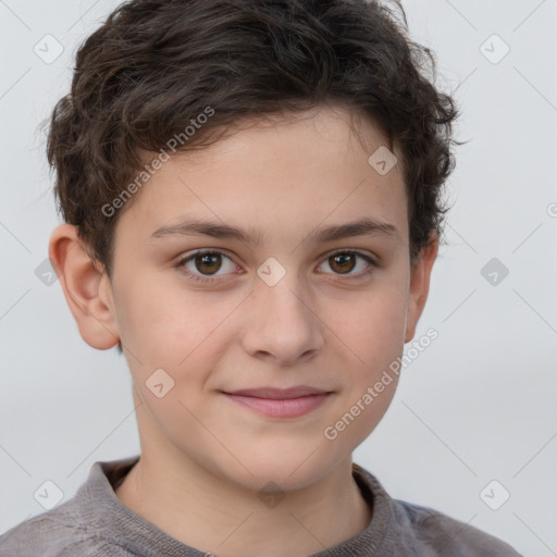 Joyful white child female with short  brown hair and brown eyes