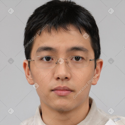 Neutral asian young-adult male with short  brown hair and brown eyes