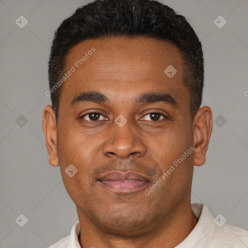 Joyful latino young-adult male with short  brown hair and brown eyes