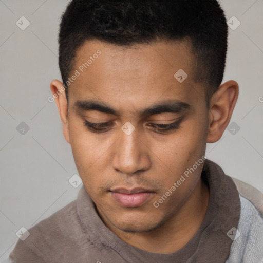 Neutral white young-adult male with short  brown hair and brown eyes