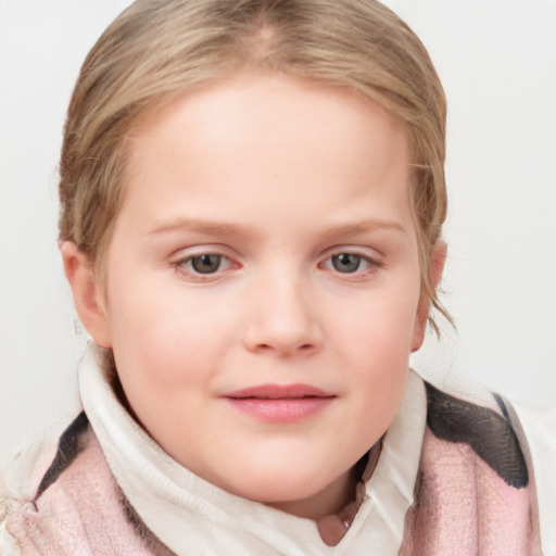 Neutral white child female with medium  brown hair and blue eyes