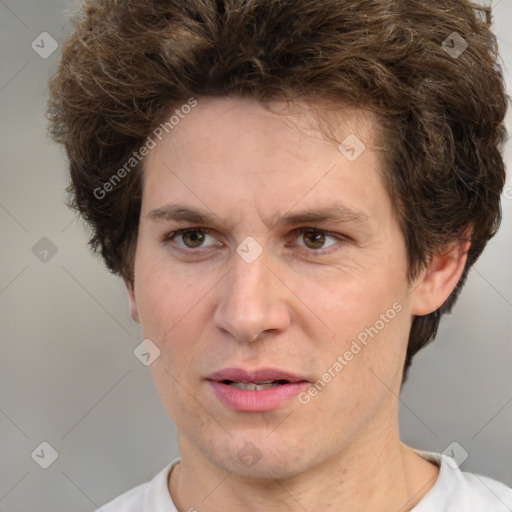 Joyful white adult female with short  brown hair and grey eyes