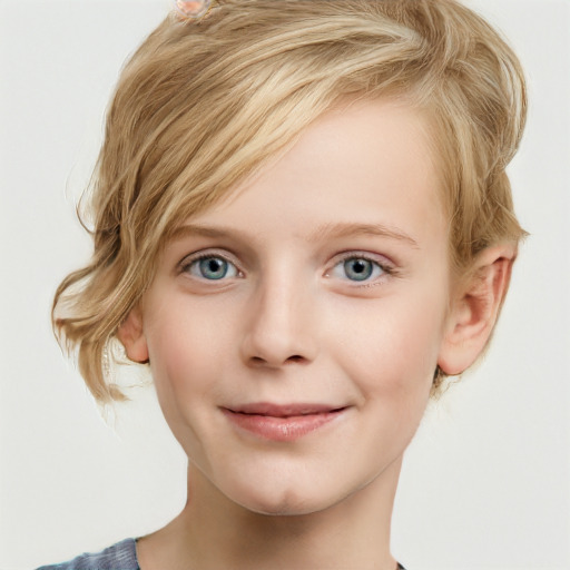 Joyful white child female with medium  brown hair and blue eyes