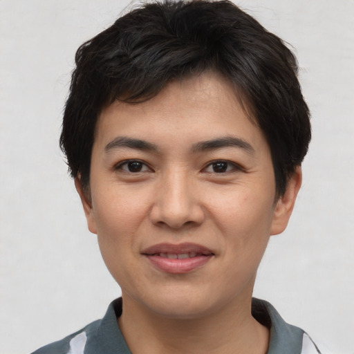 Joyful asian young-adult male with short  black hair and brown eyes