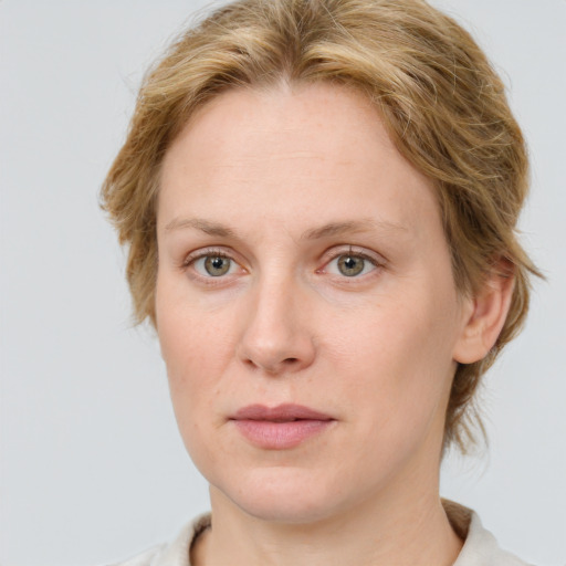 Joyful white adult female with medium  brown hair and blue eyes