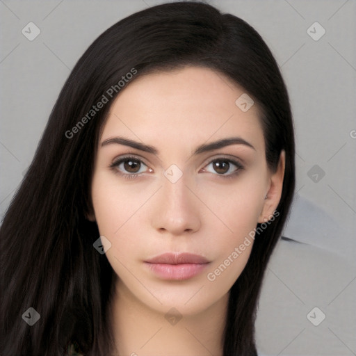 Neutral white young-adult female with long  black hair and brown eyes