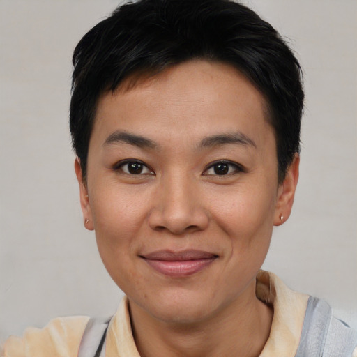 Joyful asian young-adult female with short  black hair and brown eyes