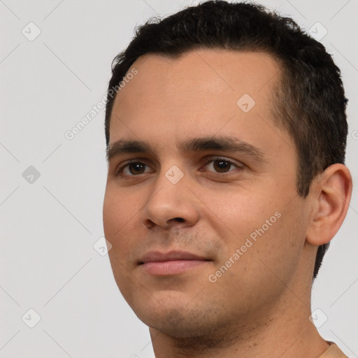 Neutral white young-adult male with short  brown hair and brown eyes