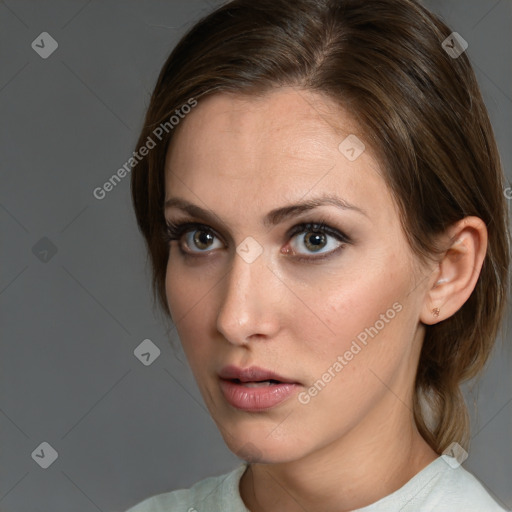 Neutral white young-adult female with medium  brown hair and brown eyes