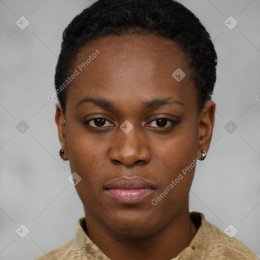 Neutral black young-adult female with short  black hair and brown eyes