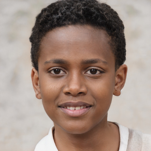 Joyful black child female with short  brown hair and brown eyes