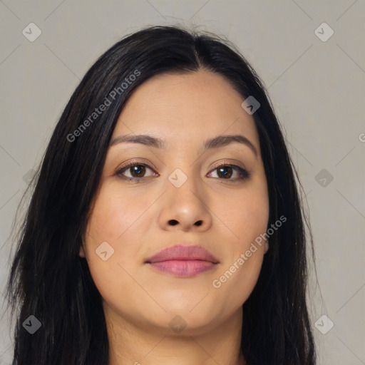 Joyful latino young-adult female with long  brown hair and brown eyes