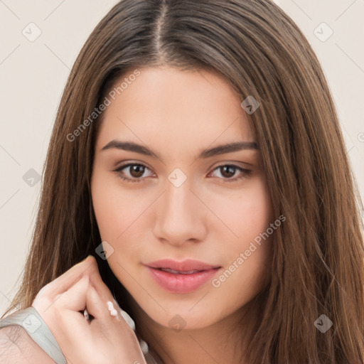 Neutral white young-adult female with long  brown hair and brown eyes