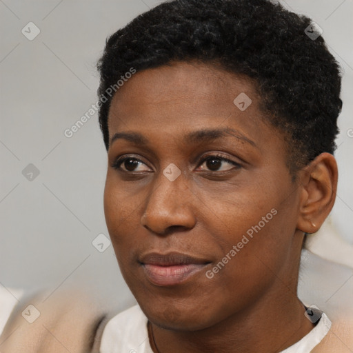 Neutral black young-adult female with short  brown hair and brown eyes