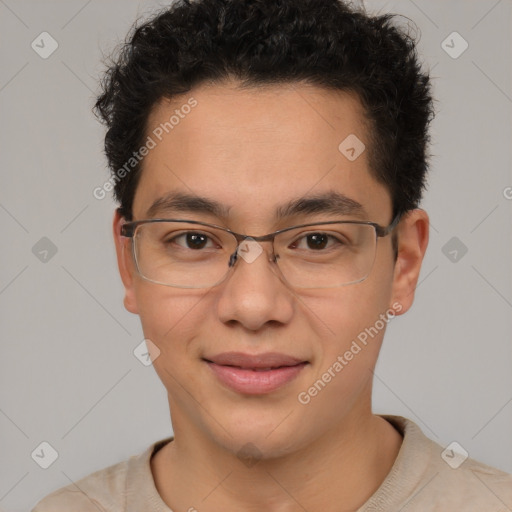 Joyful latino young-adult male with short  brown hair and brown eyes