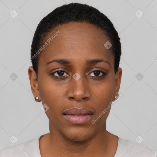 Neutral black young-adult female with short  black hair and brown eyes