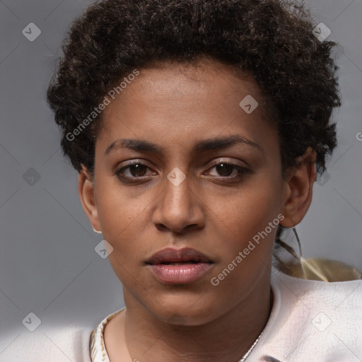 Neutral black young-adult female with short  brown hair and brown eyes