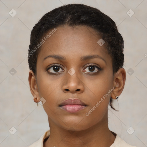 Neutral black young-adult female with short  brown hair and brown eyes