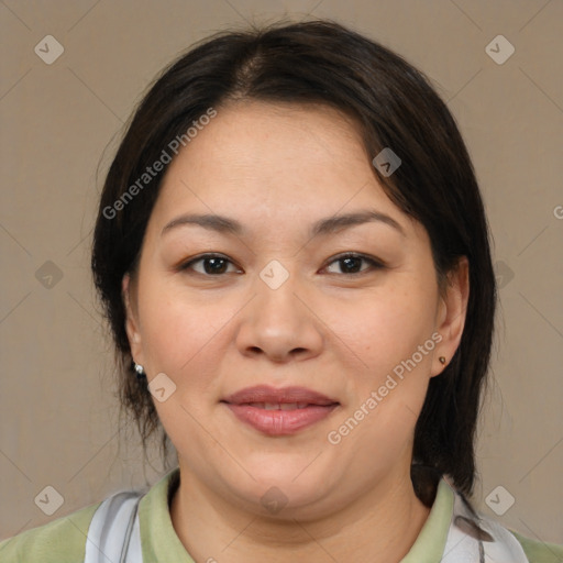 Joyful white adult female with medium  brown hair and brown eyes