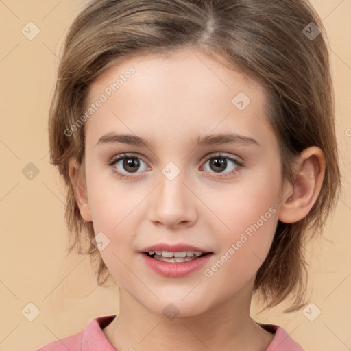 Joyful white child female with medium  brown hair and brown eyes