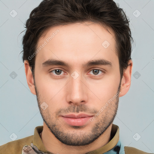 Neutral white young-adult male with short  brown hair and brown eyes