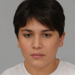 Neutral white young-adult female with short  brown hair and brown eyes