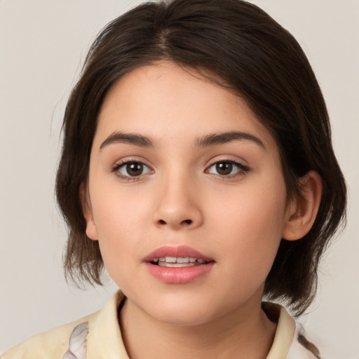 Neutral white young-adult female with medium  brown hair and brown eyes