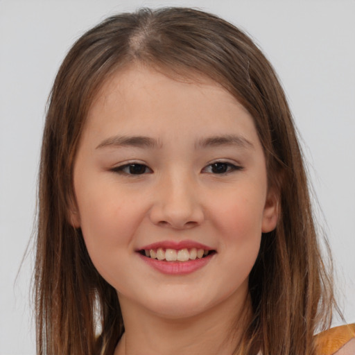 Joyful white child female with long  brown hair and brown eyes