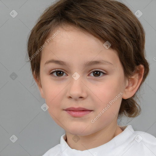 Joyful white child female with medium  brown hair and brown eyes