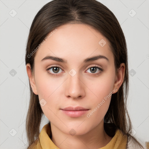 Neutral white young-adult female with medium  brown hair and brown eyes