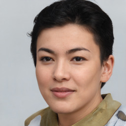 Joyful asian young-adult female with short  brown hair and brown eyes