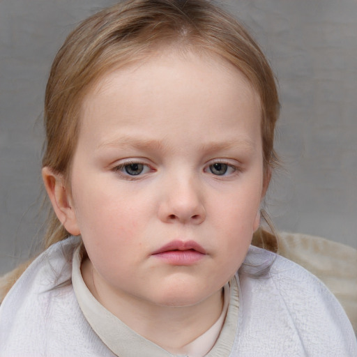 Neutral white child female with medium  brown hair and blue eyes