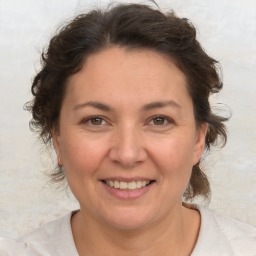 Joyful white adult female with medium  brown hair and brown eyes