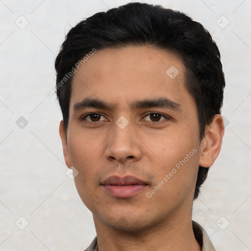 Neutral asian young-adult male with short  black hair and brown eyes