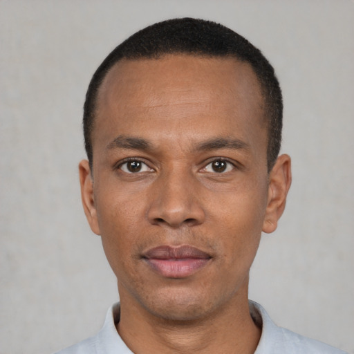 Neutral black adult male with short  black hair and brown eyes
