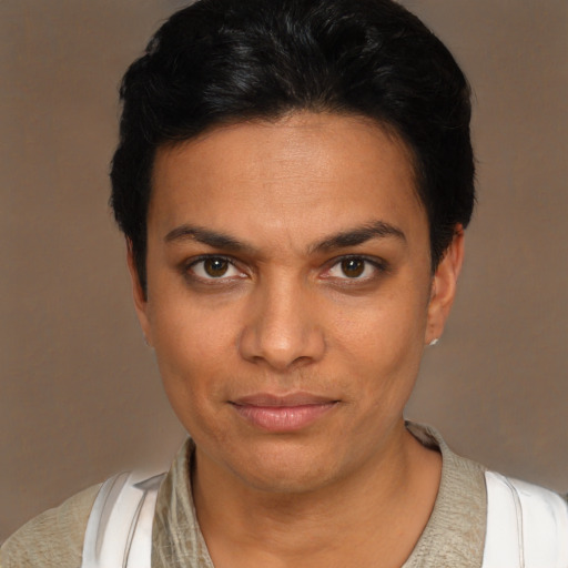 Neutral white young-adult female with short  black hair and brown eyes