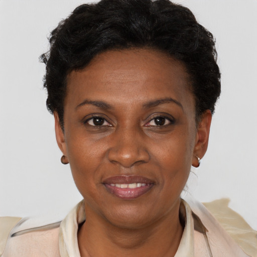 Joyful black adult female with short  black hair and brown eyes
