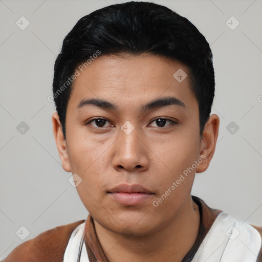 Neutral asian young-adult male with short  black hair and brown eyes