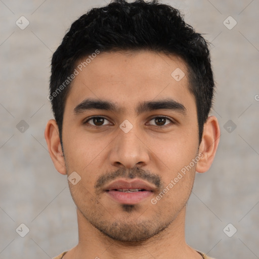 Neutral latino young-adult male with short  black hair and brown eyes