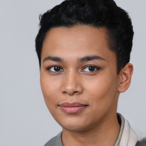 Neutral latino young-adult female with short  black hair and brown eyes