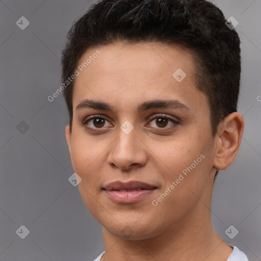 Joyful white young-adult female with short  brown hair and brown eyes