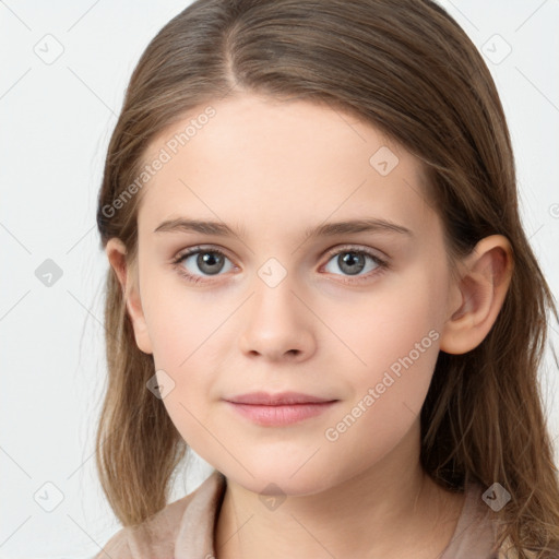 Joyful white child female with long  brown hair and brown eyes