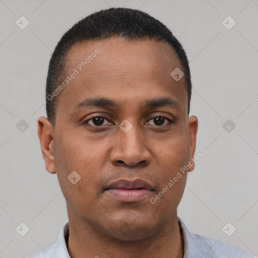 Neutral black young-adult male with short  black hair and brown eyes