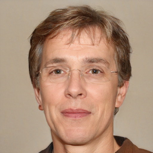 Joyful white middle-aged male with short  brown hair and grey eyes