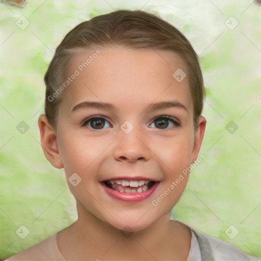 Joyful white child female with short  brown hair and brown eyes